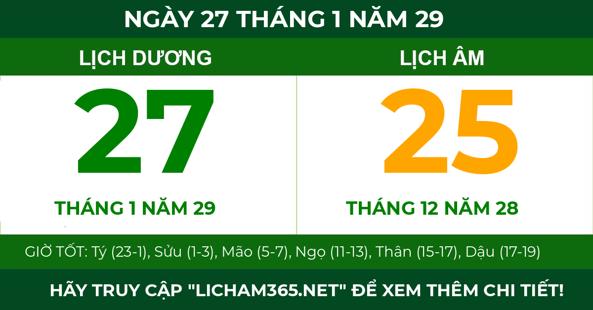 lịch âm ngày 27 tháng 1 năm 29