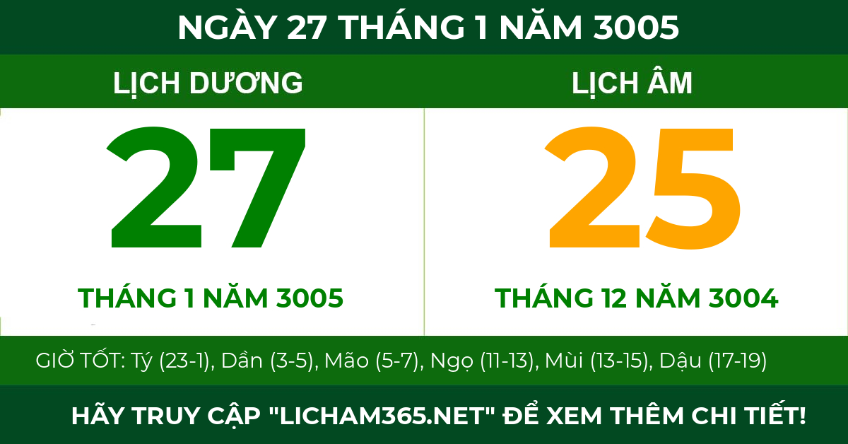 lịch âm ngày 27 tháng 1 năm 3005