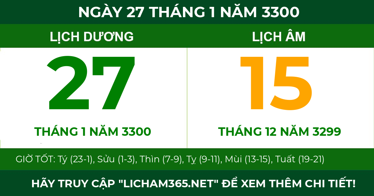 lịch âm ngày 27 tháng 1 năm 3300
