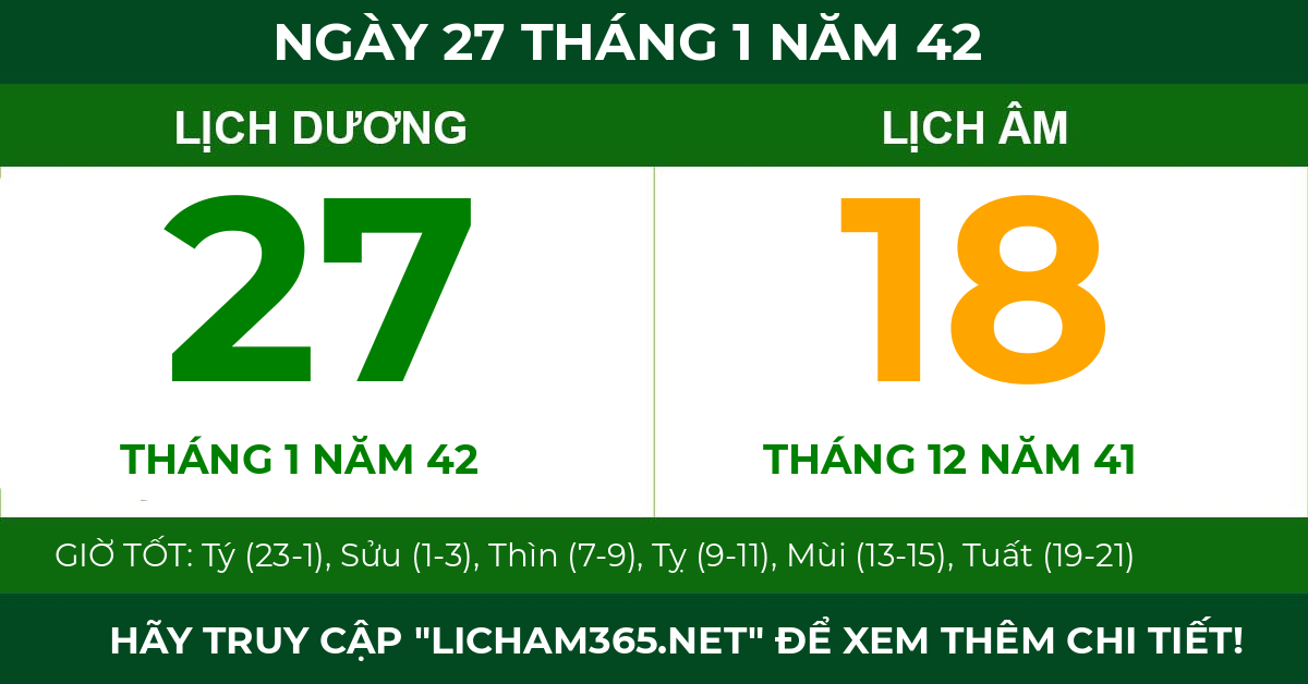 lịch âm ngày 27 tháng 1 năm 42