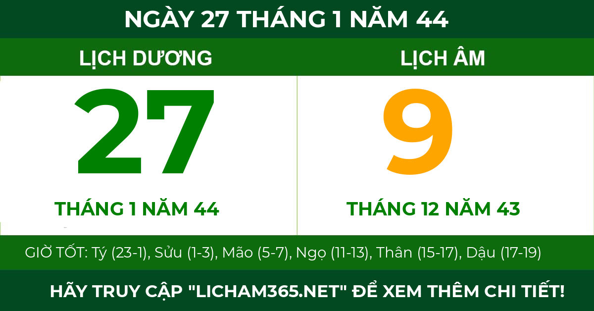 lịch âm ngày 27 tháng 1 năm 44
