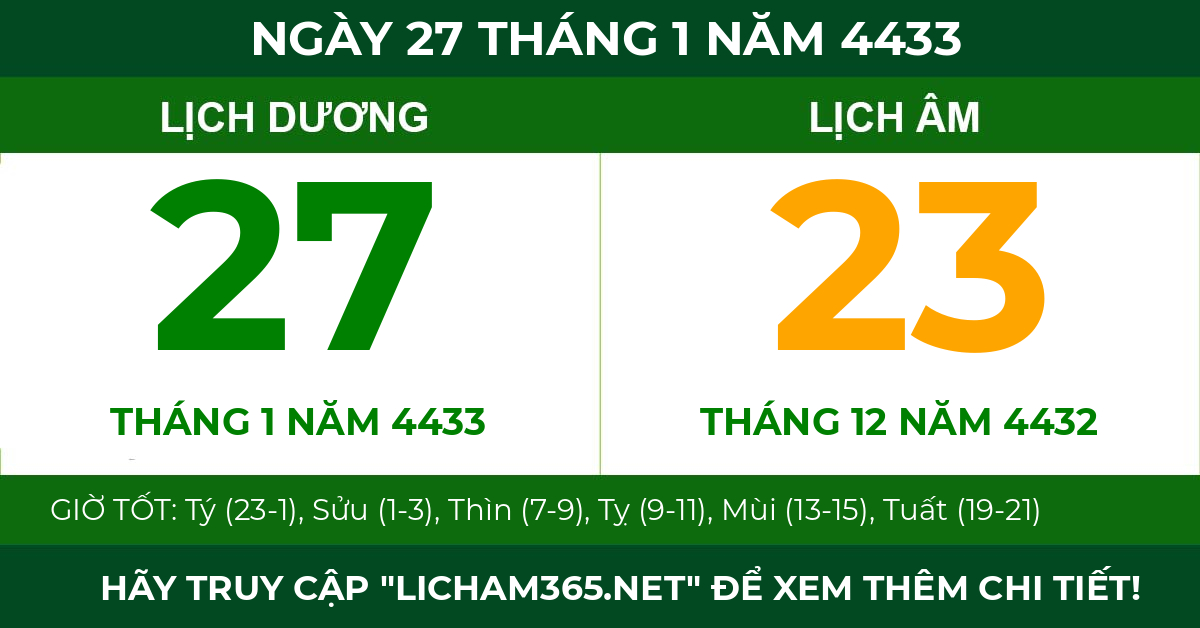 lịch âm ngày 27 tháng 1 năm 4433