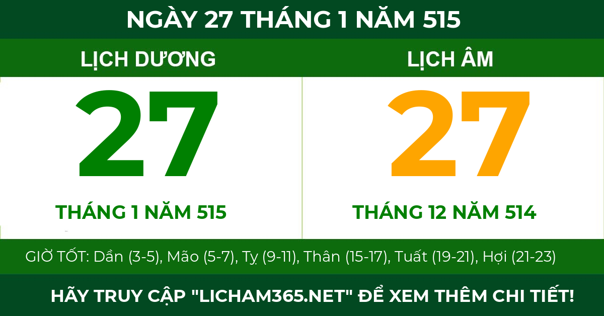 lịch âm ngày 27 tháng 1 năm 515