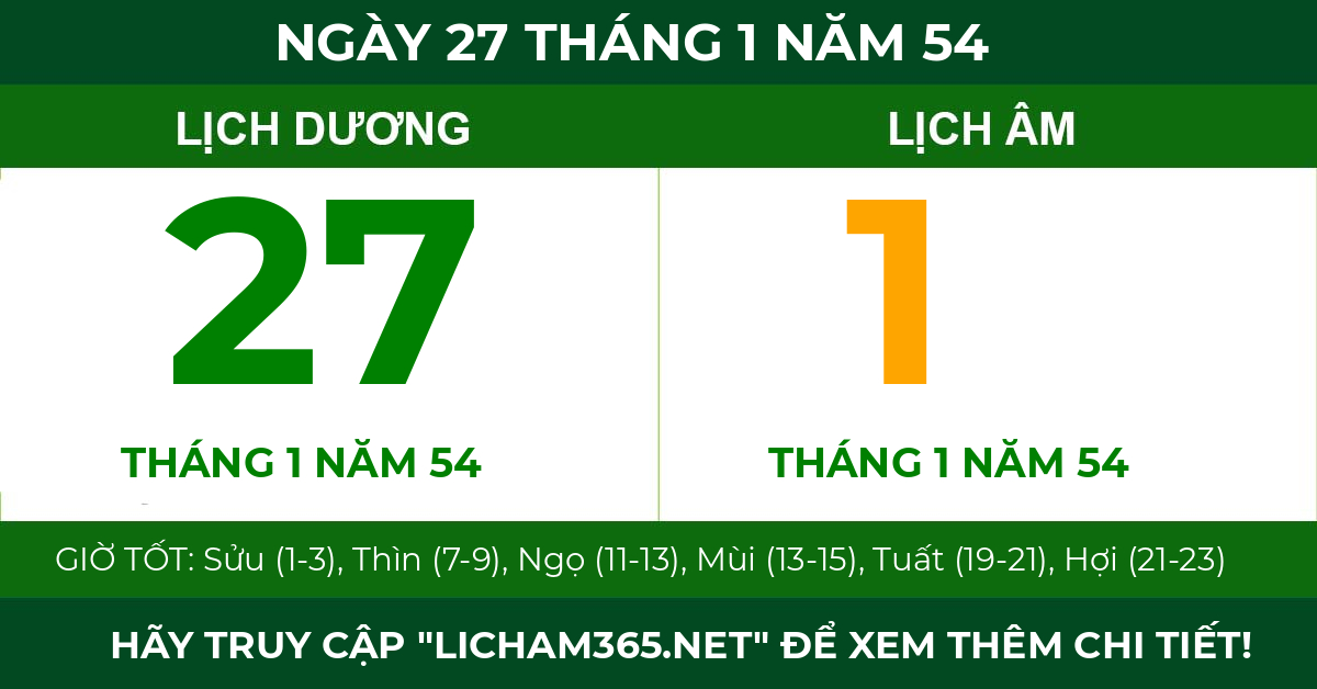 lịch âm ngày 27 tháng 1 năm 54