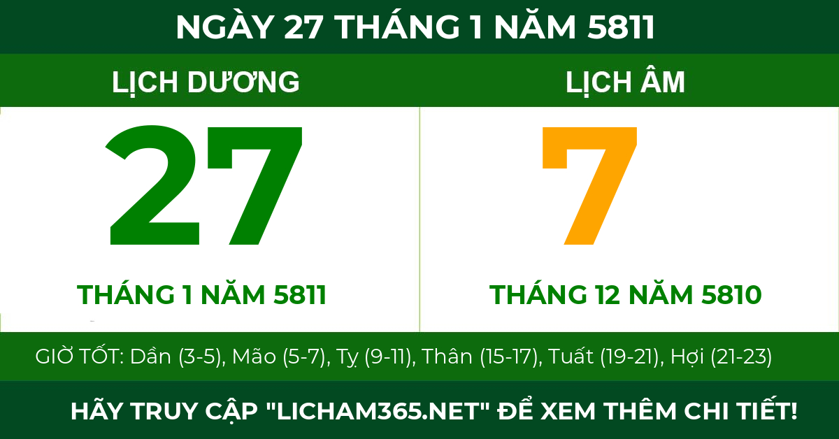 lịch âm ngày 27 tháng 1 năm 5811