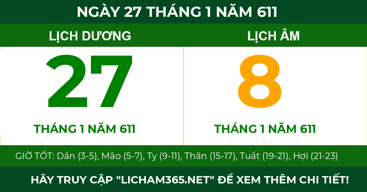 lịch âm ngày 27 tháng 1 năm 611