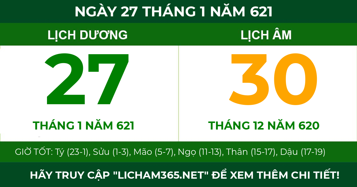 lịch âm ngày 27 tháng 1 năm 621