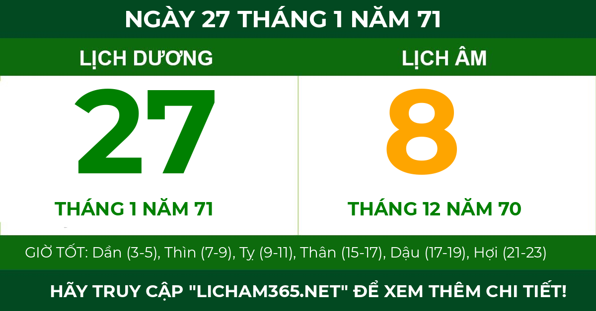 lịch âm ngày 27 tháng 1 năm 71