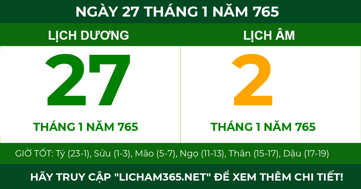 lịch âm ngày 27 tháng 1 năm 765