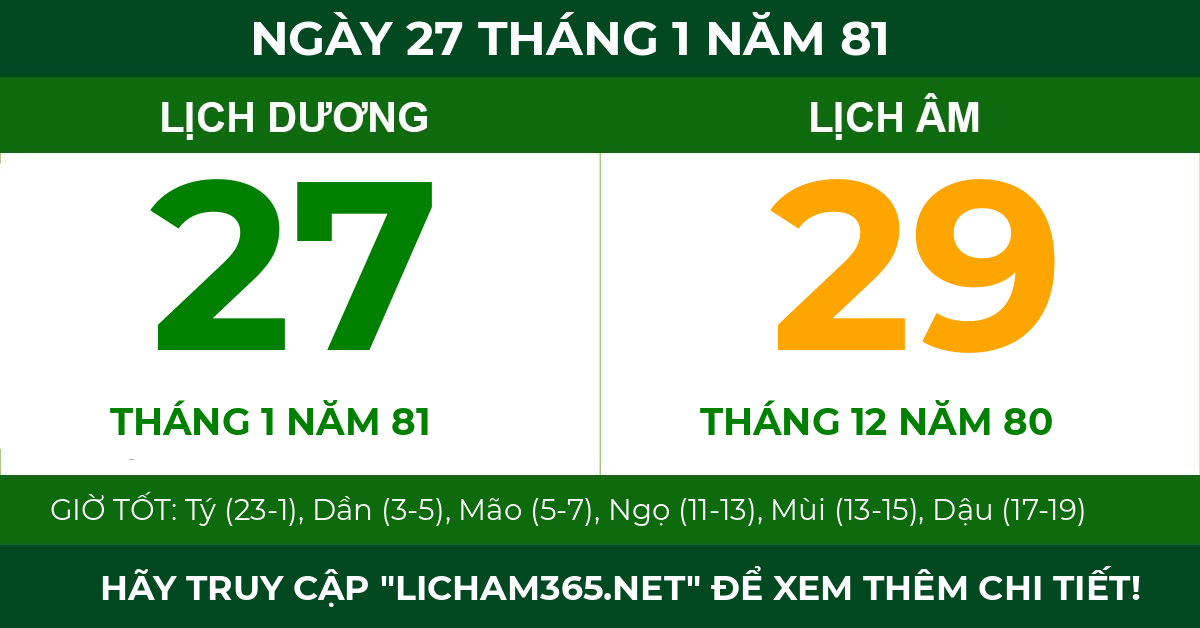 lịch âm ngày 27 tháng 1 năm 81