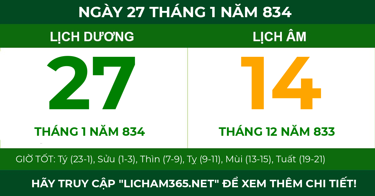 lịch âm ngày 27 tháng 1 năm 834