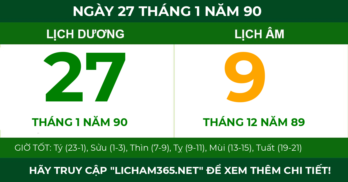 lịch âm ngày 27 tháng 1 năm 90
