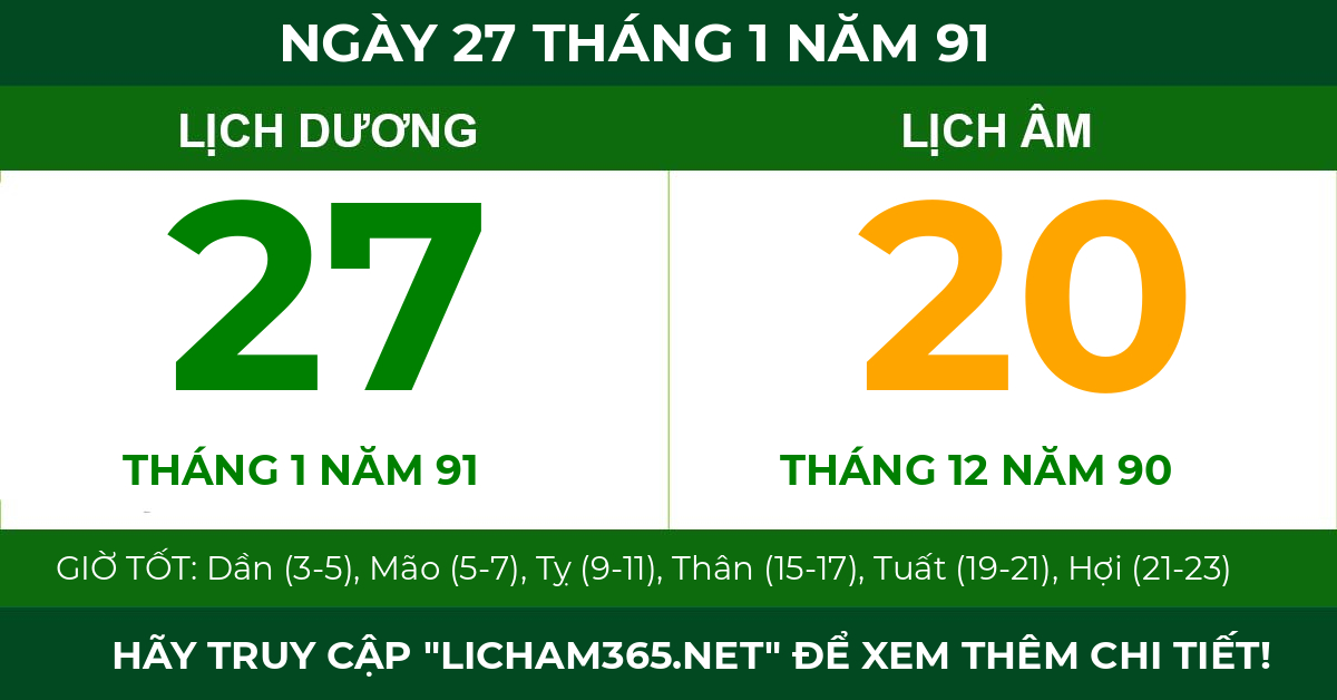 lịch âm ngày 27 tháng 1 năm 91