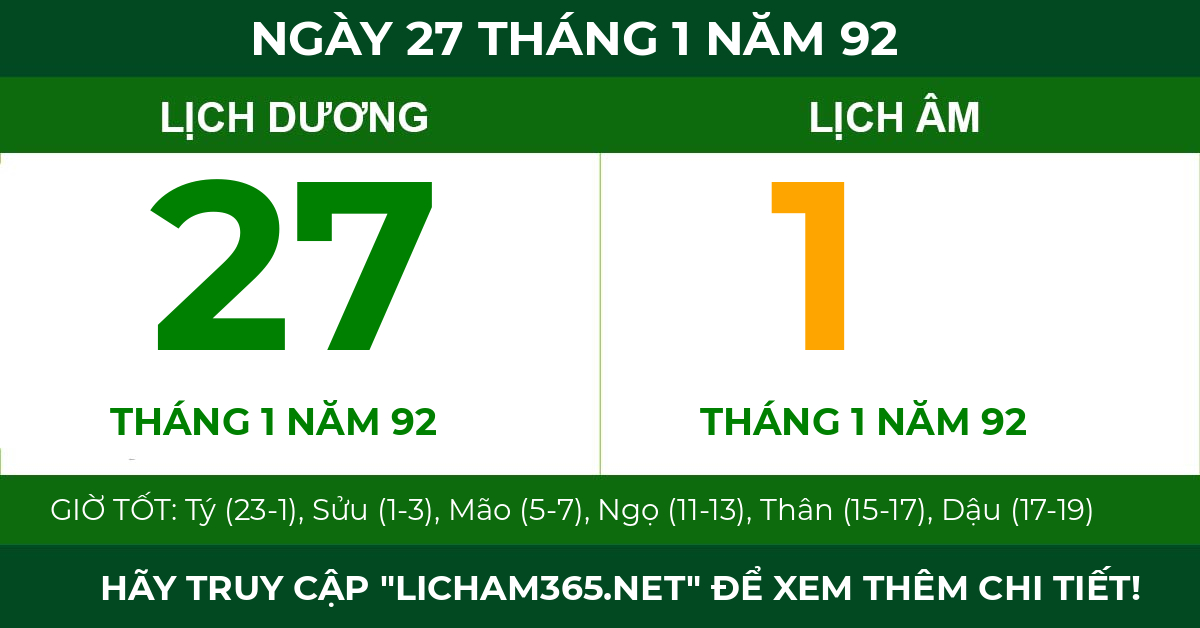 lịch âm ngày 27 tháng 1 năm 92