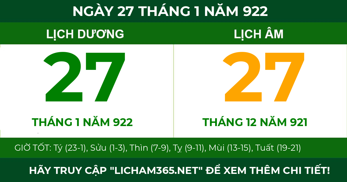 lịch âm ngày 27 tháng 1 năm 922