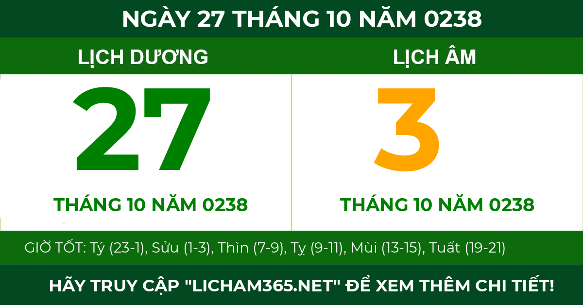 lịch âm ngày 27 tháng 10 năm 0238