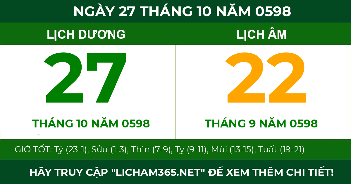 lịch âm ngày 27 tháng 10 năm 0598