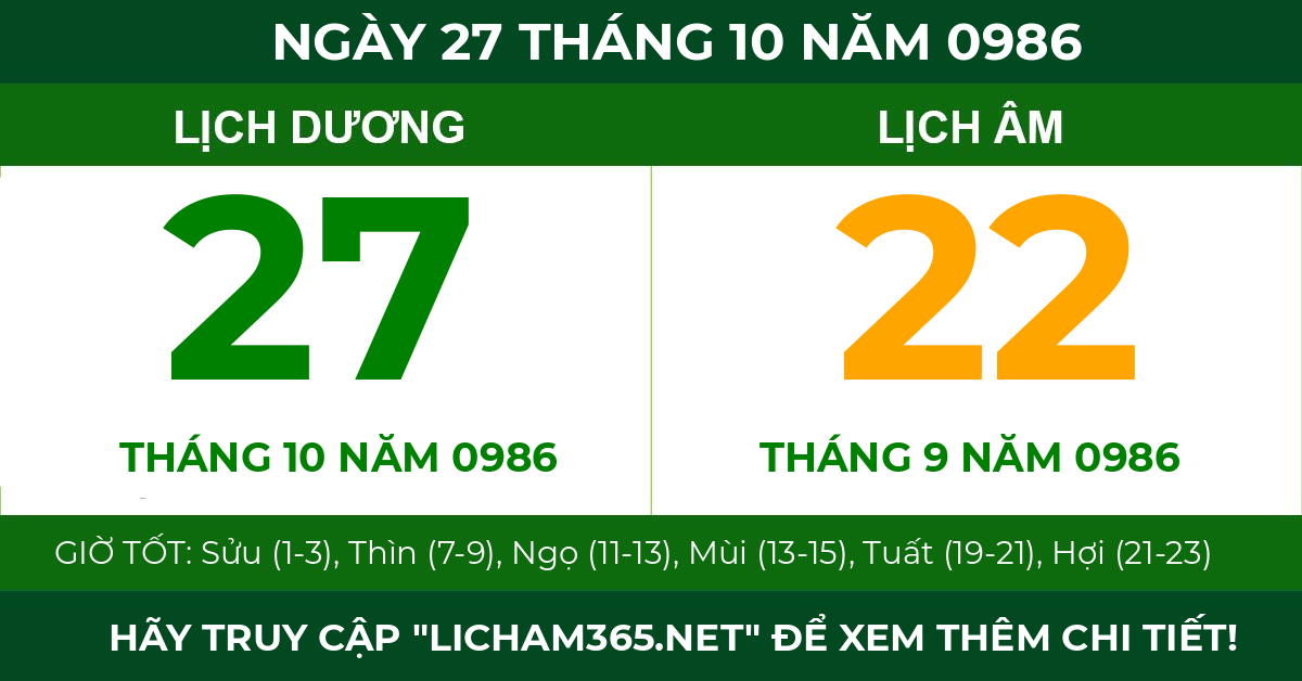 lịch âm ngày 27 tháng 10 năm 0986