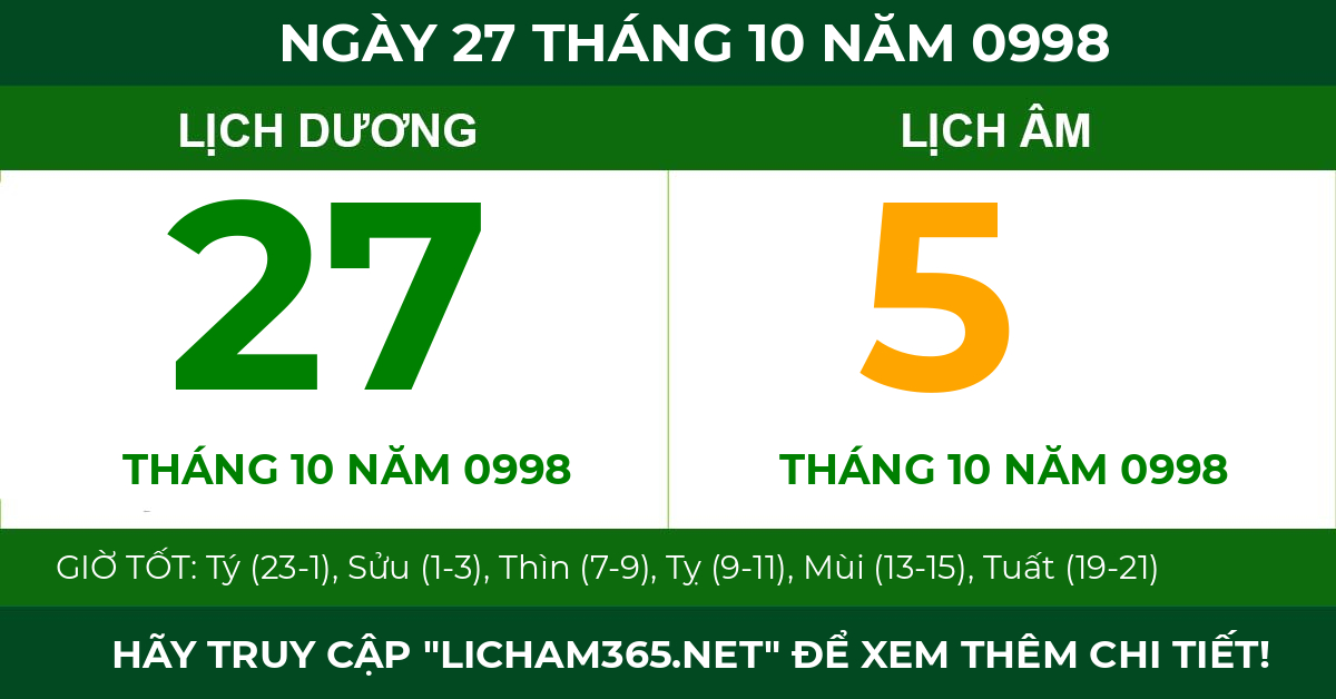 lịch âm ngày 27 tháng 10 năm 0998