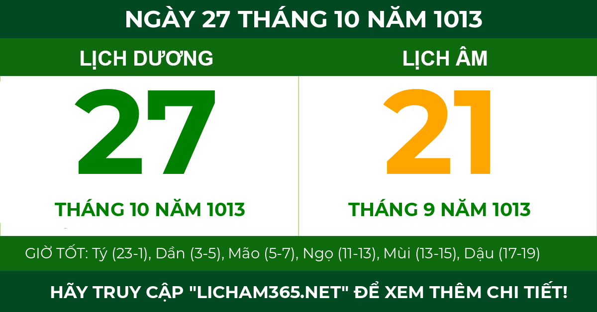 lịch âm ngày 27 tháng 10 năm 1013