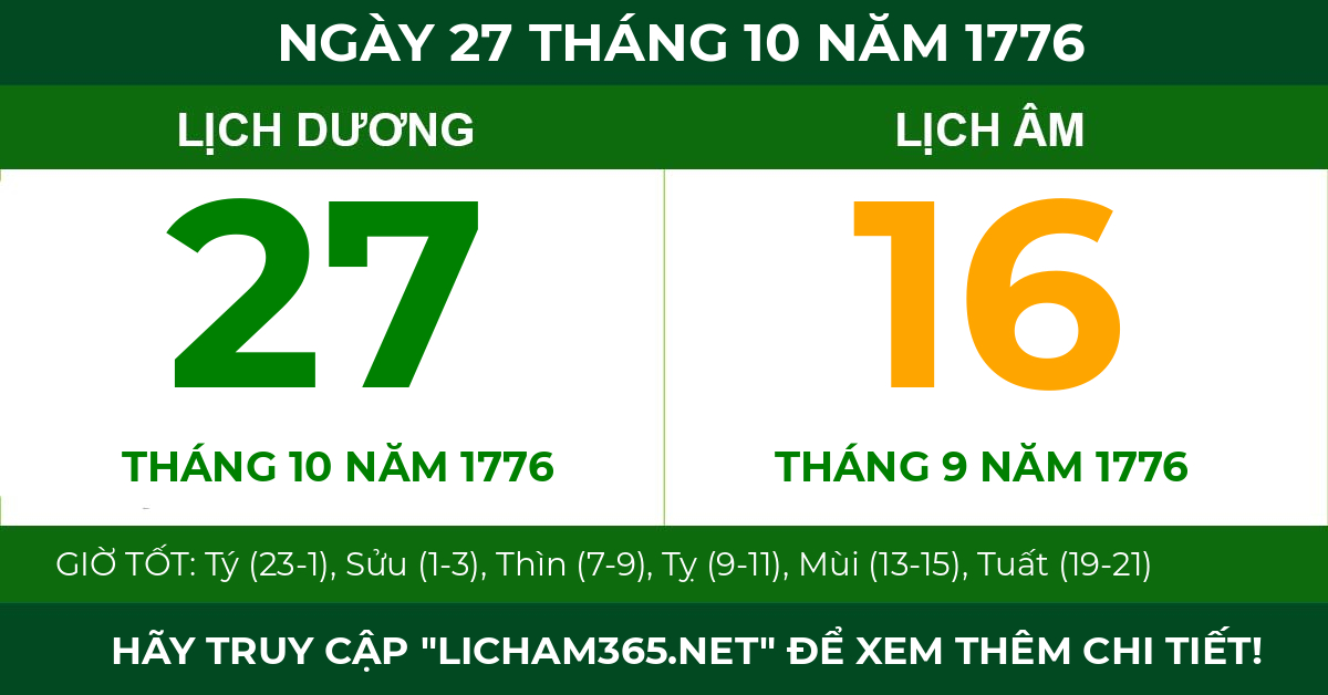 lịch âm ngày 27 tháng 10 năm 1776