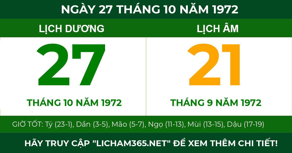 lịch âm ngày 27 tháng 10 năm 1972