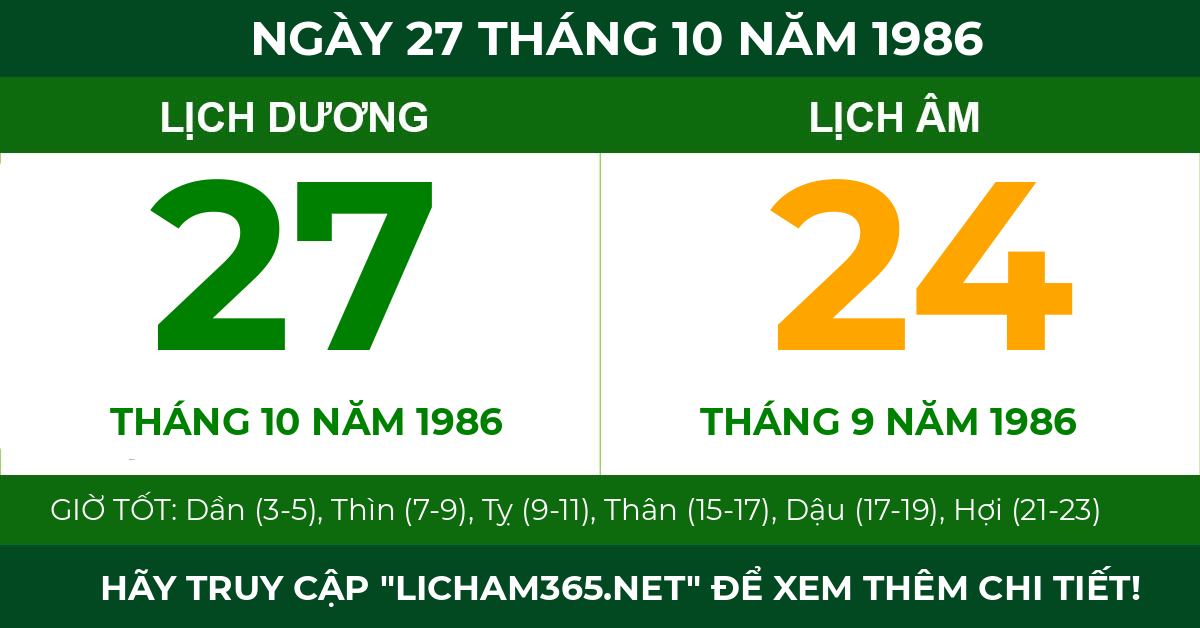 lịch âm ngày 27 tháng 10 năm 1986