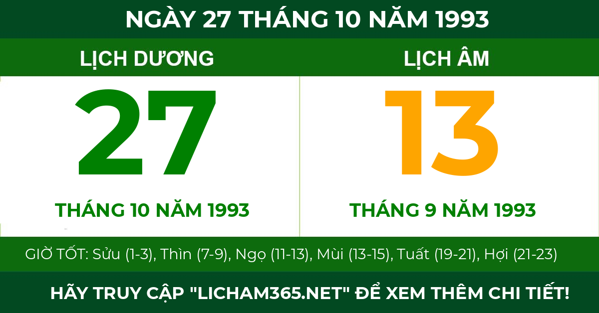 lịch âm ngày 27 tháng 10 năm 1993