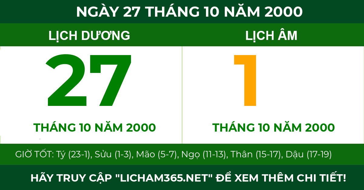 lịch âm ngày 27 tháng 10 năm 2000