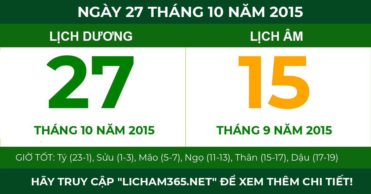 lịch âm ngày 27 tháng 10 năm 2015