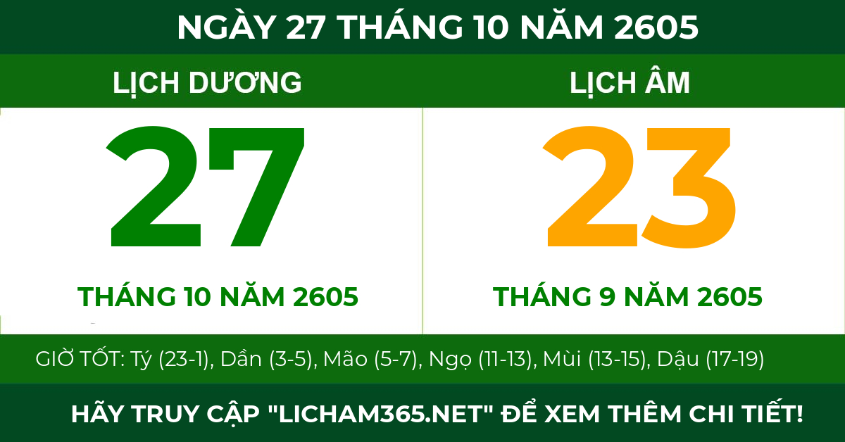 lịch âm ngày 27 tháng 10 năm 2605