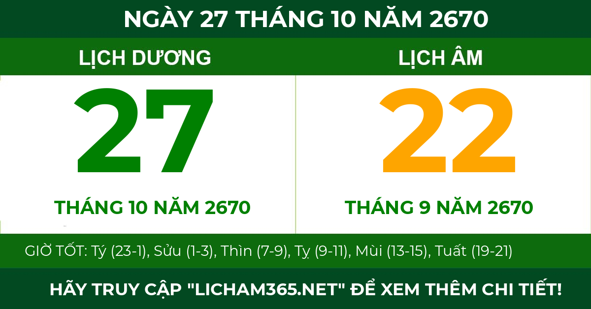 lịch âm ngày 27 tháng 10 năm 2670