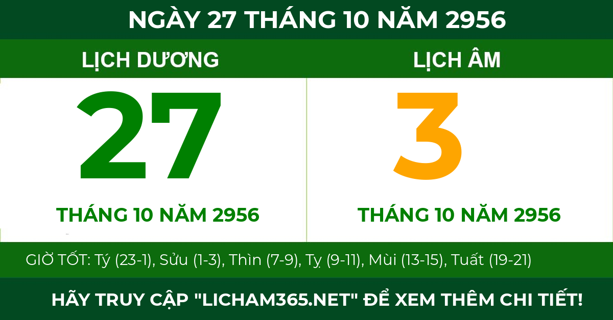 lịch âm ngày 27 tháng 10 năm 2956