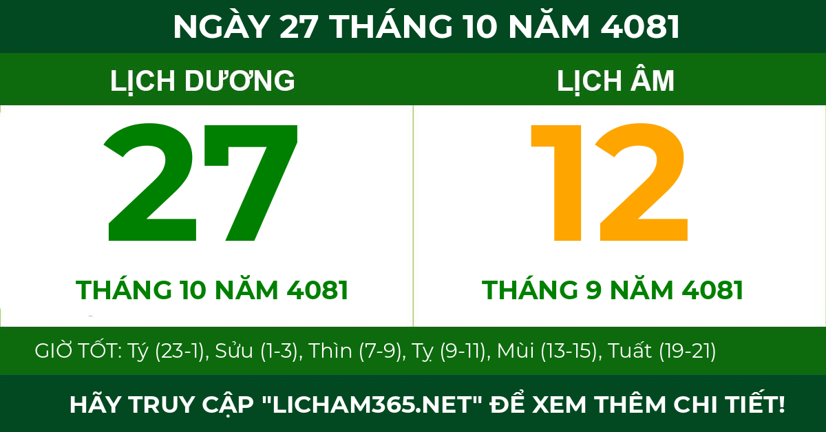 lịch âm ngày 27 tháng 10 năm 4081