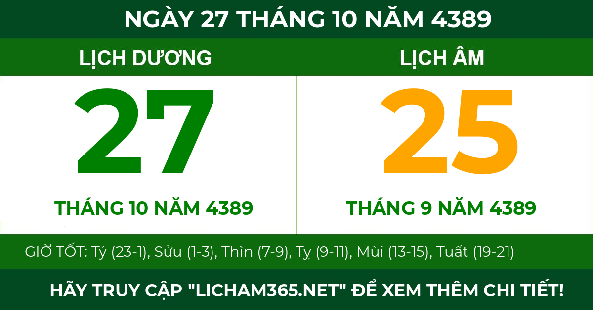 lịch âm ngày 27 tháng 10 năm 4389