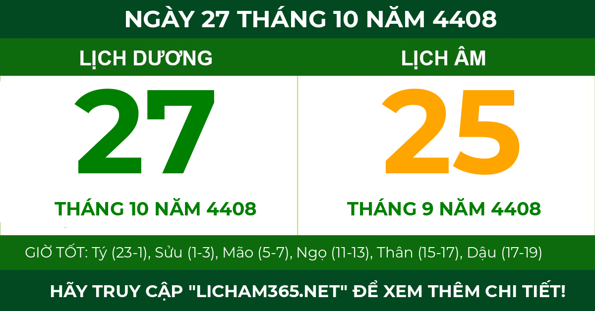 lịch âm ngày 27 tháng 10 năm 4408