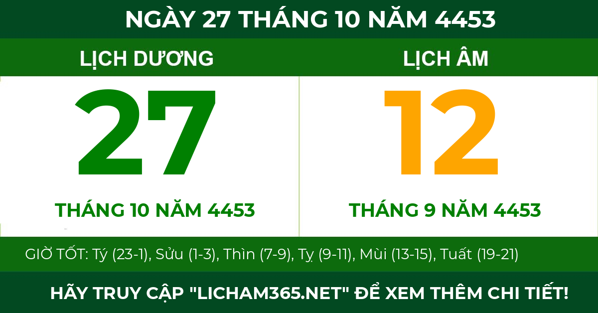 lịch âm ngày 27 tháng 10 năm 4453