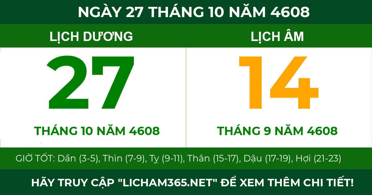 lịch âm ngày 27 tháng 10 năm 4608