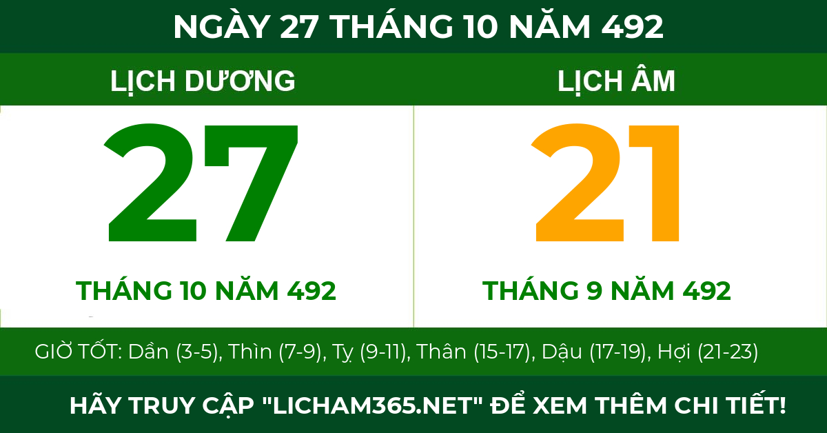 lịch âm ngày 27 tháng 10 năm 492