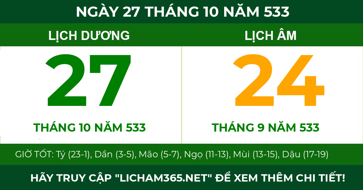 lịch âm ngày 27 tháng 10 năm 533