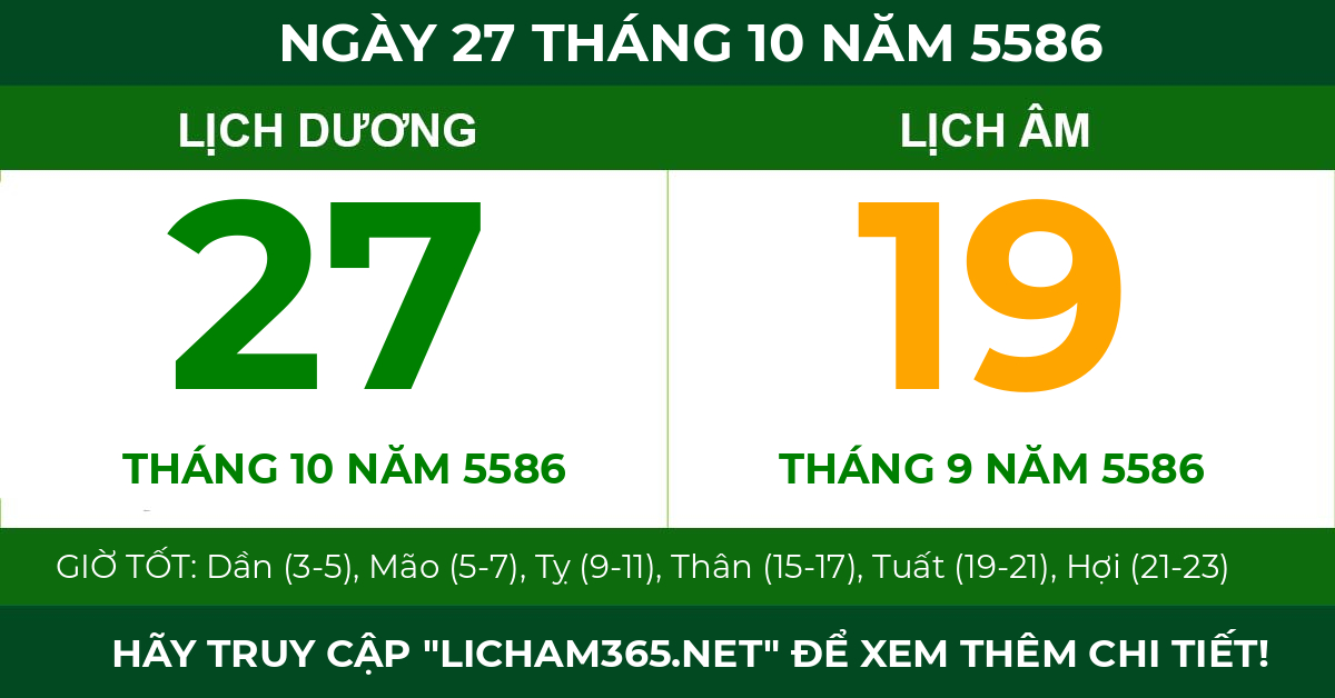 lịch âm ngày 27 tháng 10 năm 5586