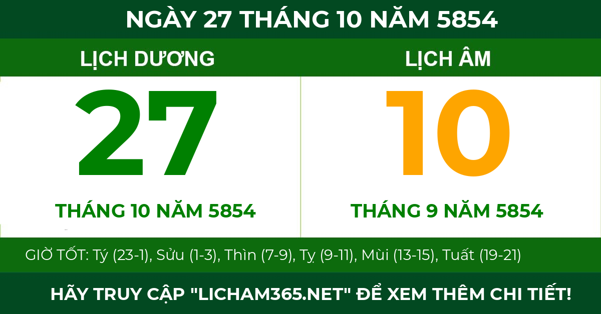 lịch âm ngày 27 tháng 10 năm 5854
