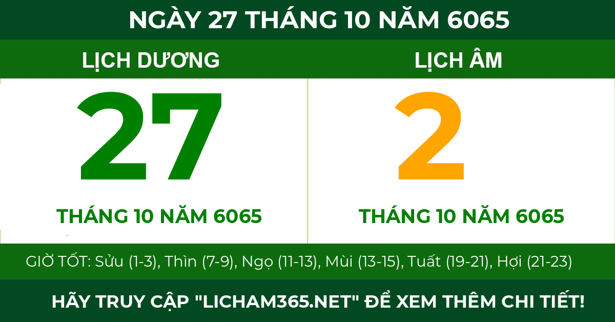 lịch âm ngày 27 tháng 10 năm 6065