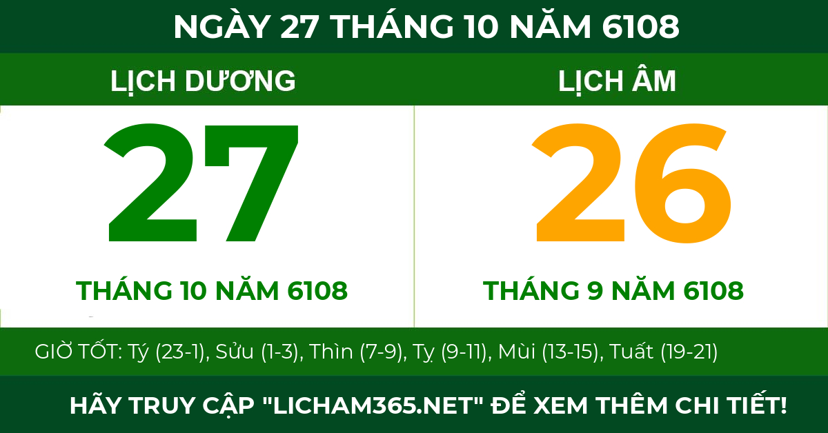lịch âm ngày 27 tháng 10 năm 6108