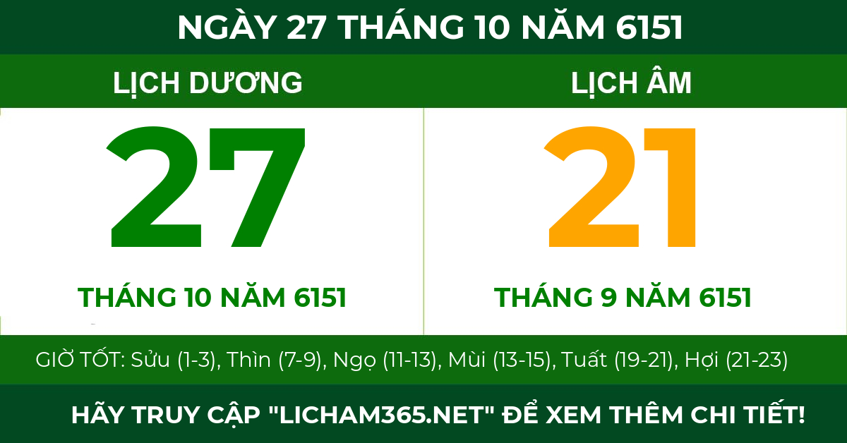 lịch âm ngày 27 tháng 10 năm 6151