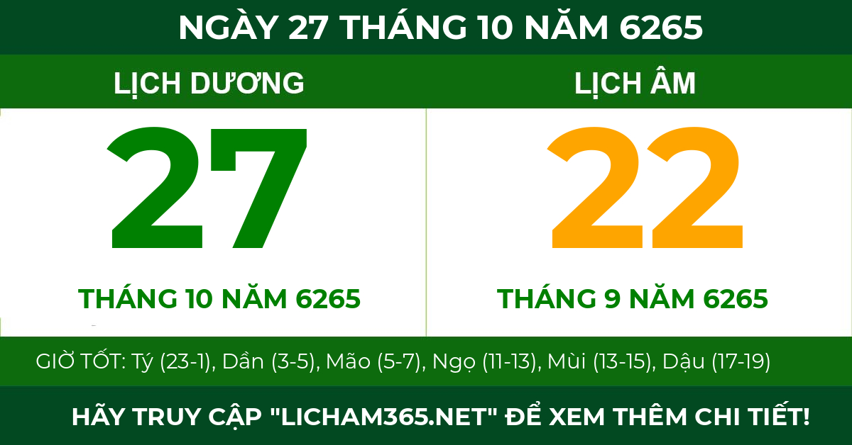 lịch âm ngày 27 tháng 10 năm 6265
