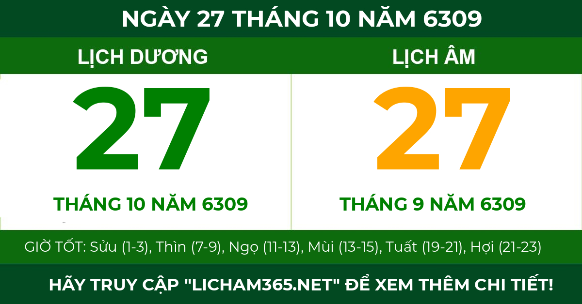 lịch âm ngày 27 tháng 10 năm 6309