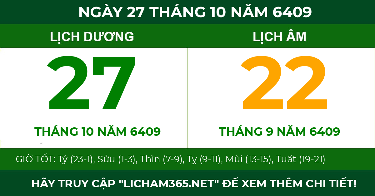 lịch âm ngày 27 tháng 10 năm 6409