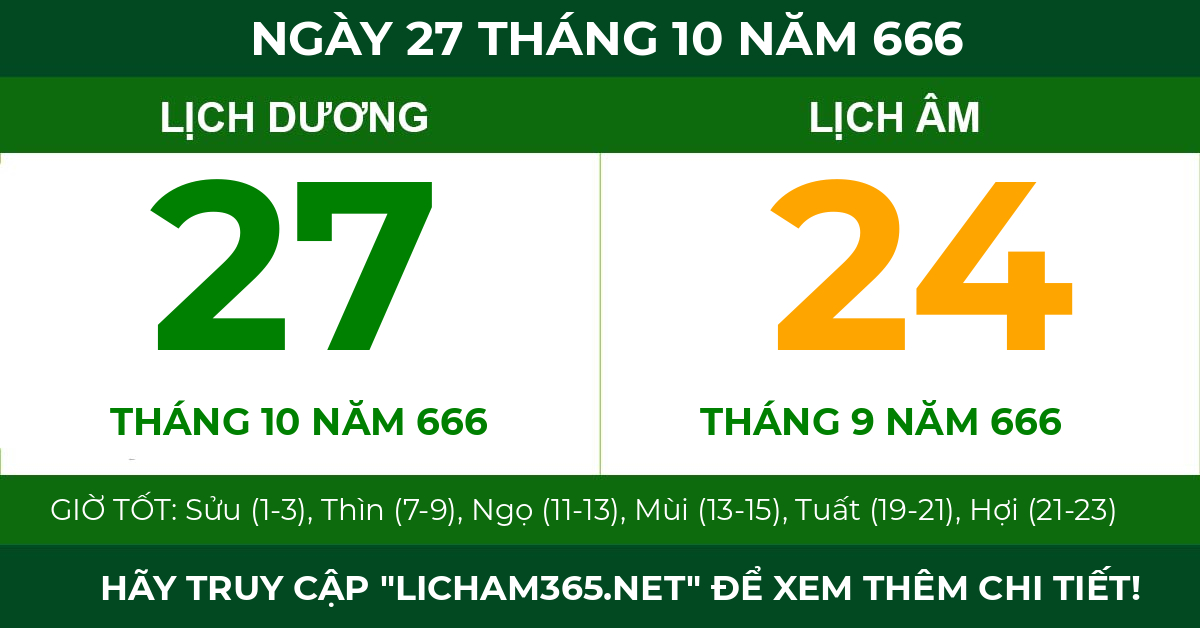 lịch âm ngày 27 tháng 10 năm 666