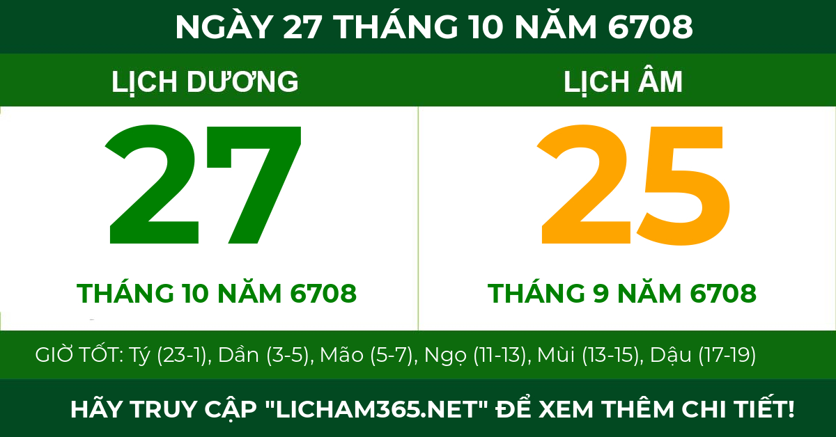 lịch âm ngày 27 tháng 10 năm 6708
